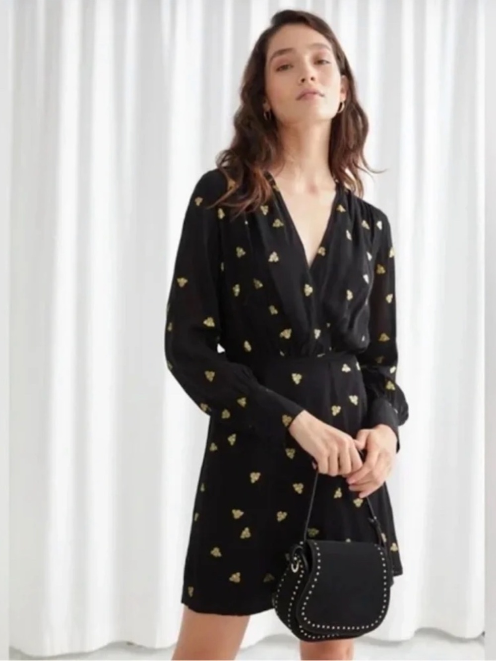 & Other Stories Metallic Gold Bee Print Mini Wrap Dress
